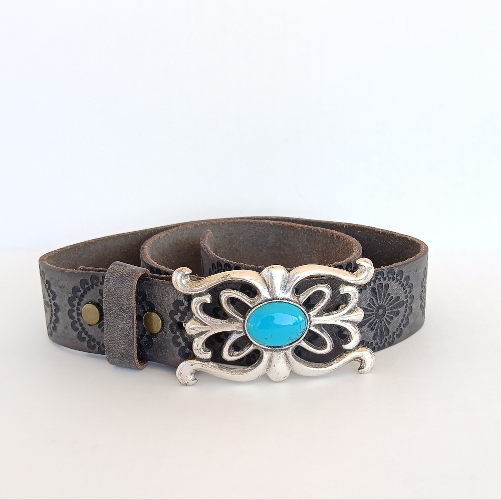 Leather Embossed Belt Silver Torquoise Buckle